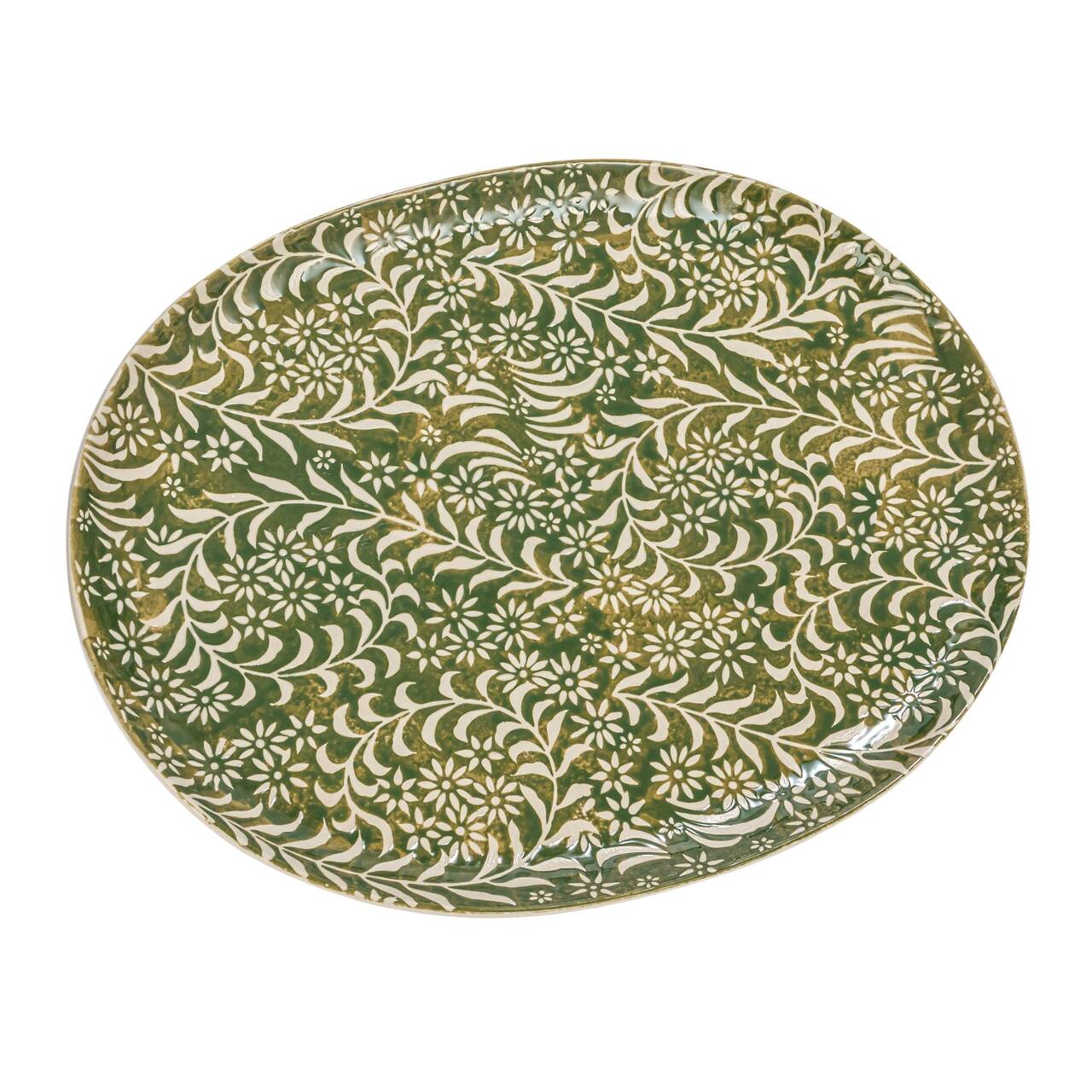 Hello Honey® 16.25" Green Wax Relief Botanicals Stoneware Platter